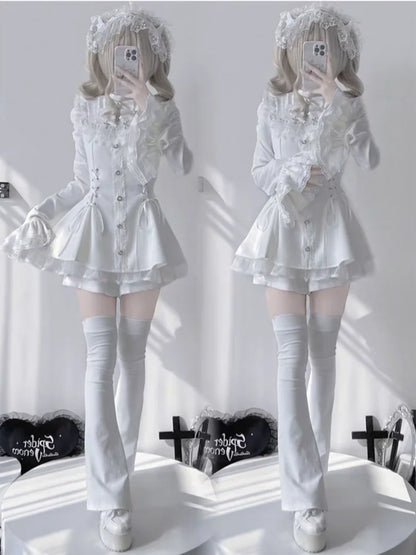 Gothic Vintage Hot Girl Slim Patchwork Dress Women High Street Lace Skinny Long Sleeve Dresses France Sweet White Clothing New