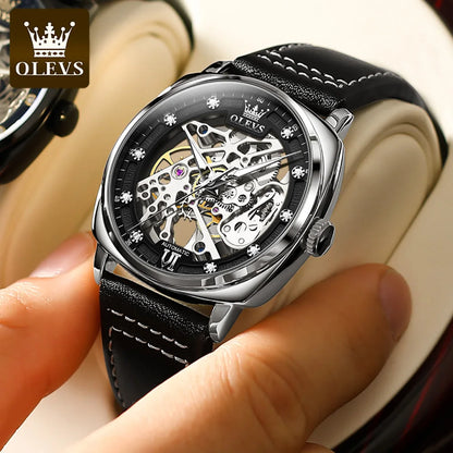 OLEVS 6651 Transparent Hollow Automatic Watches for Men Leather Strap Tonneau PUNK Style Mechanical Writwatch Luxury Man Watch