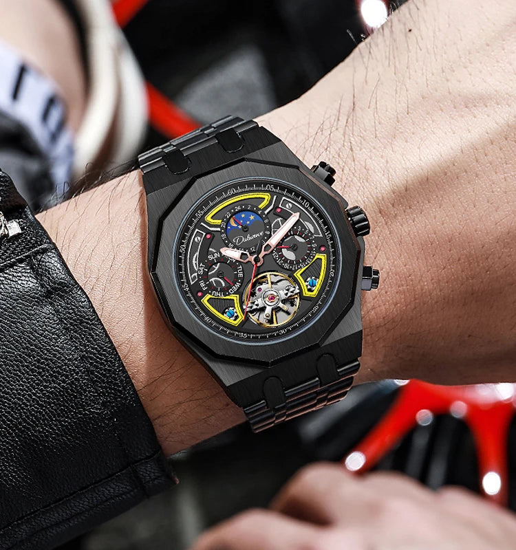 Luxury Tourbillon Watches Men Fashion Sport Rubber Strap Moon Phase Date Waterproof Automatic Mechanical Wrist Watch Man Reloj