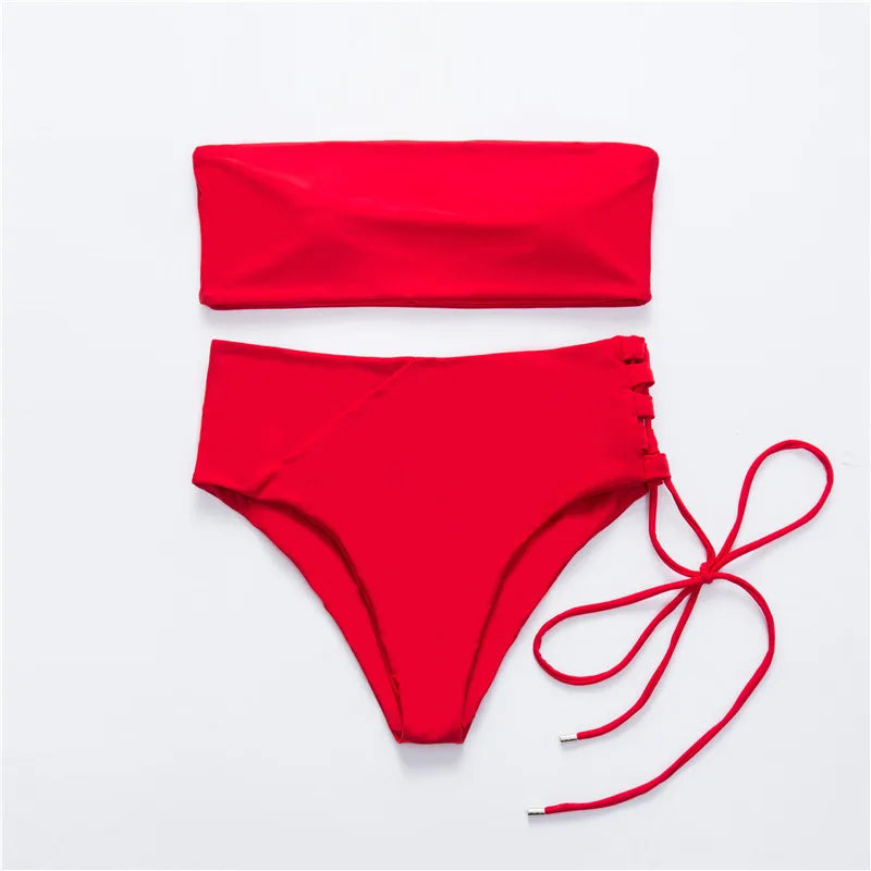 White push up swimsuit 2023 Summer beach sexy bikini set High Waist solid swimming suit for women swimwear Bandeau bathing suit