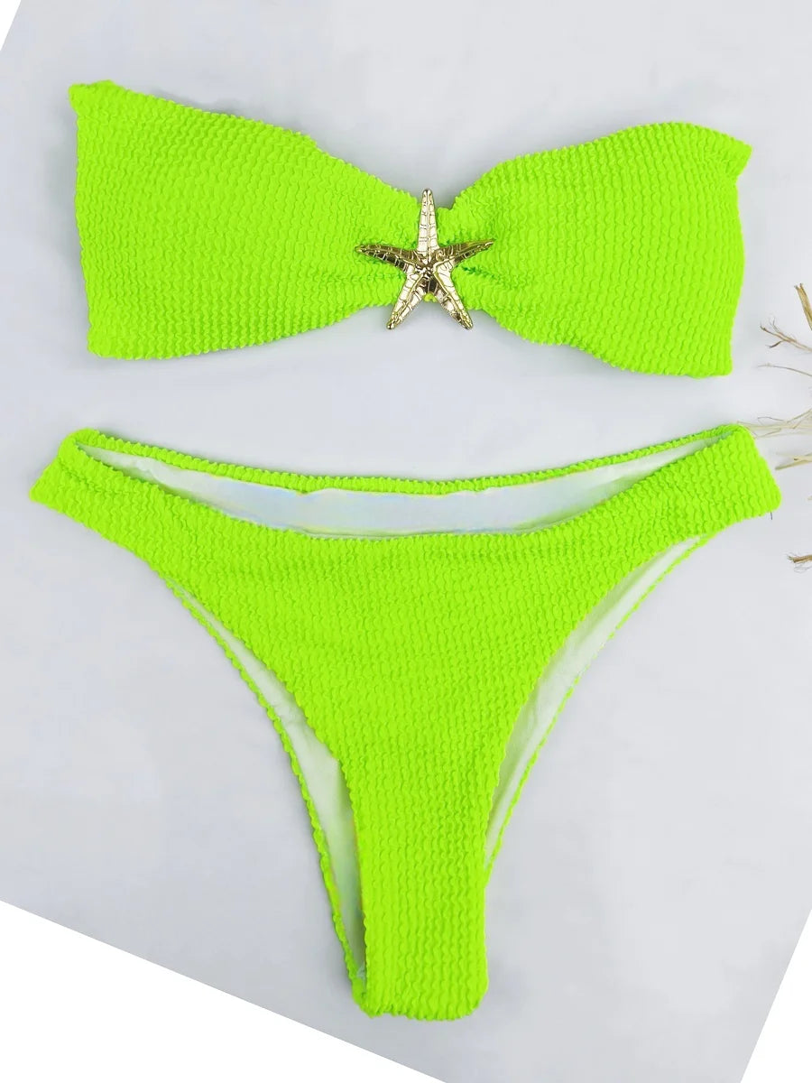 Contrast Binding Bandeau Bikinis 2026 Women Sexy Swimsuit Solid Padded Swimwear Female Bathing Suit Swimming Summer Beachwear