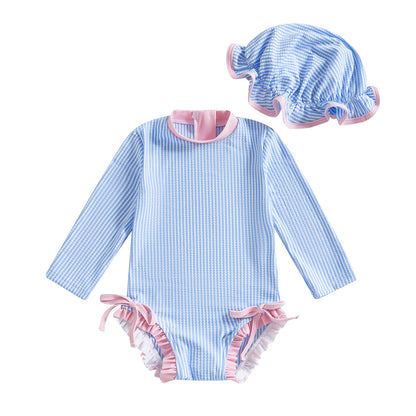 MISOWMNJOY Infant Baby Girls Summer Swimsuit with Hat Toddler Striped Long Sleeve Zipper Bathing Suit Children Beach Swimwear
