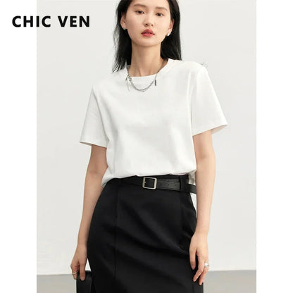 CHIC VEN Women's Tees Basic O Neck Short Sleeve Pullover T-shirt for Woman Solid Female Top Casual Ladies Tshirt Summer 2024