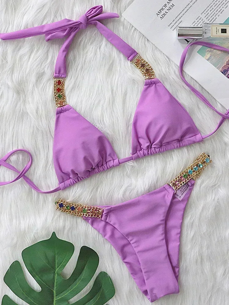 2026 Shiny Rhinestone Diamond Bikini Women Swimsuit Female Swimwear Two Pieces Bikini Set Halter Metal Chains Bathing Suit Swim