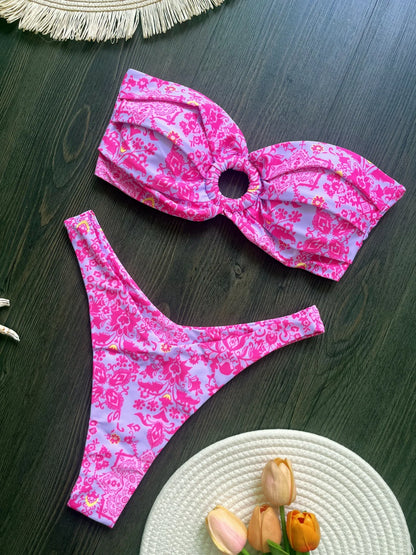 Sexy Colorful Floral Printed Bandeau Bikini Female Swimsuit Women Swimwear Two-pieces Bikini set Bather Bathing Suit Swim Lady