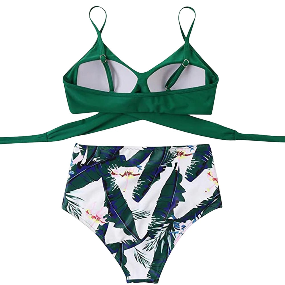 Hot 12 Colors Women Slim Bikini Sets High Waisted Sexy Swimwear 2 Pieces 2025 Solid/Floral Ruched Brazilian Swimsuit Cross Front