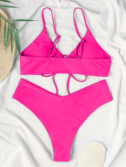 New High Elastic Bikini Set for 2025 Summer Two Pieces Solid Color Lace-up Sexy Women Swimsuit Beach Bathing Suit Swimwear