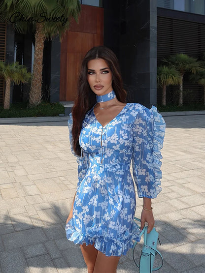 Elegant Blue Floral Printed Skirt Set V Neck Full Sleeve Ruffle Top Mini Skirts Summer Women's Suit Lady New Casual Outfit 2026