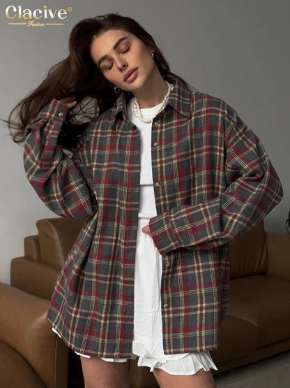 Clacive Fashion Loose Plaid Women's Shirt 2025 Vintage Lapel Long Sleeve Blouses Elegant Classic Blusas Top Female Clothing