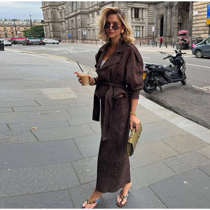 Women's Faux Suede Cropped Trench Coat Jacket Belted Notched Lapel Lace-up Retro Chic Outerwear Spring New High Street Outfit