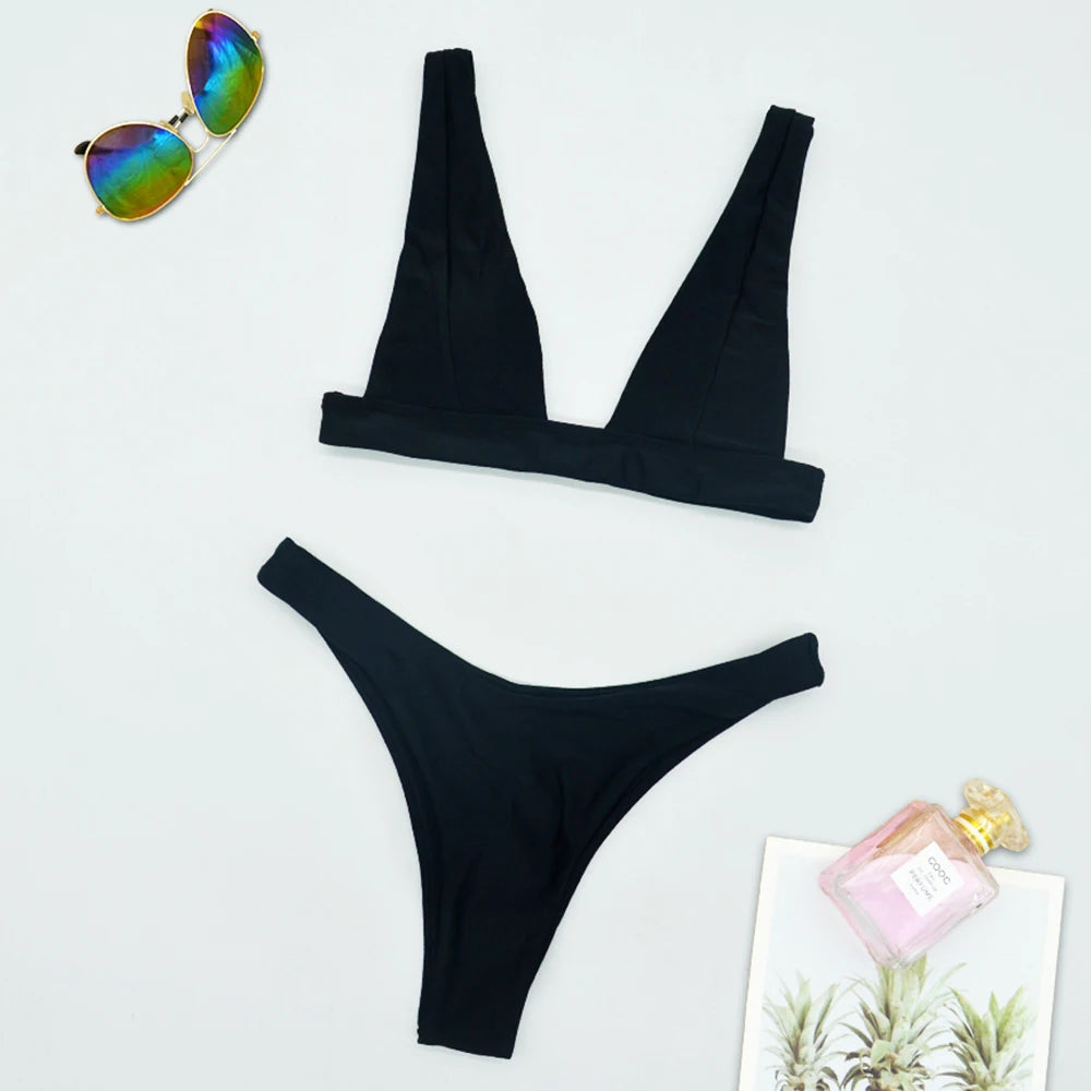 2023 New Sexy Solid Bikini Women V-neck Swimwear Two Pieces Swimsuit Female Low Waist Bikini Set Brazilian Bathing Suit Bathers