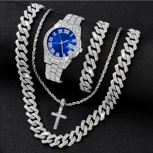 3/4PCS Hip Hop Iced Out Men's Watch Jewelry Set Luxury Rhinestone Quartz Wristwatch Cuban Link Chain Accessories（Without Box）