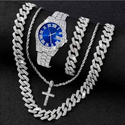 3/4PCS Hip Hop Iced Out Men's Watch Jewelry Set Luxury Rhinestone Quartz Wristwatch Cuban Link Chain Accessories（Without Box）
