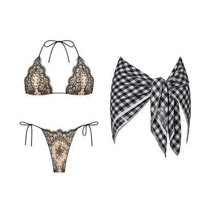 Mesh Bikini with Pants Swimsuit Brazilan Bikini Set Swimwear for Women Lace Halter Shirring 3 Pcs Bathing Suits Summer Female