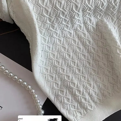 French High end Ice Silk Polo Shirt Women Summer Chic Thin Unique Jacquard Knitted Short Sleeve Loose White T-shirt Women Top