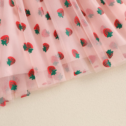 MISOWMNJOY Summer Baby Girls Chiffon Dresses Princess Sleeveless Clover Strawberry Print A-line Dress Mesh Tulle Kids Sundress