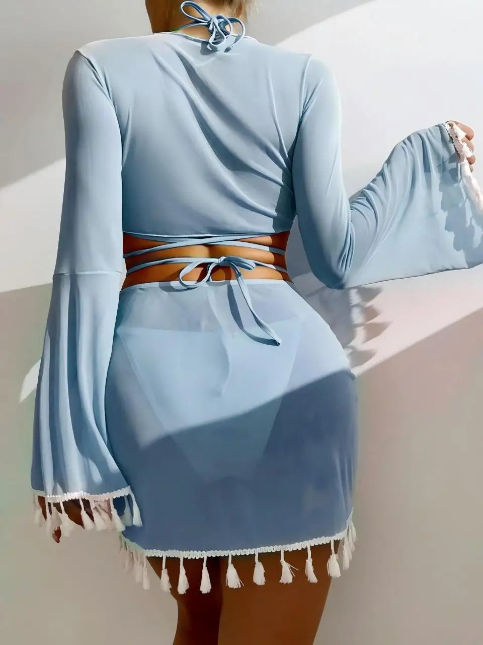 Sexy 4 Pieces Halter Bikinis Women Solid Swimwear Female Cover Up Swimsuit Long Sleeve And Skirt Bathing Suit Beachwear Summer