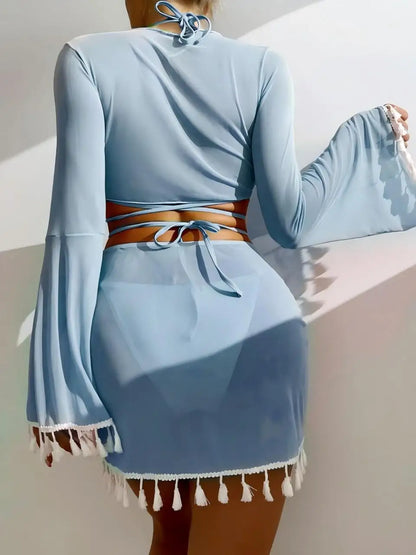 Sexy 4 Pieces Halter Bikinis Women Solid Swimwear Female Cover Up Swimsuit Long Sleeve And Skirt Bathing Suit Beachwear Summer