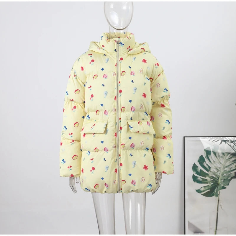 Printed Hooded Puffy Cotton Jacket Women Stand Collar Long Sleeve Zipper Loose Padded Coats 2025 Winter Lady Warm Outwear Street