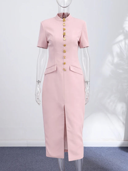 Women's High Neck Bodycon Midi Dress Short Sleeve Gold Button Split Hem Dresses 2026 Female Elegant Formal Evening Party Robe