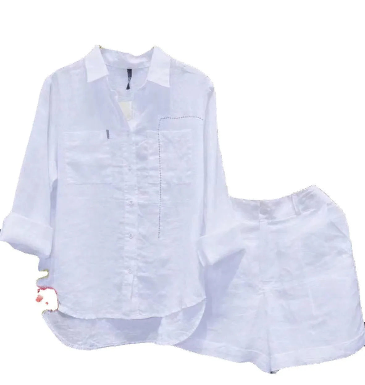 Summer Casual Home 2 Piece Set For Women 2025 Basics Cotton White Long Sleeve Shirt and Shorts Pants Set New Fashion Tracksuit
