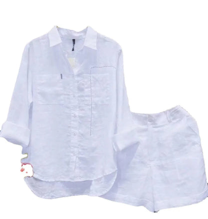 Summer Casual Home 2 Piece Set For Women 2025 Basics Cotton White Long Sleeve Shirt and Shorts Pants Set New Fashion Tracksuit