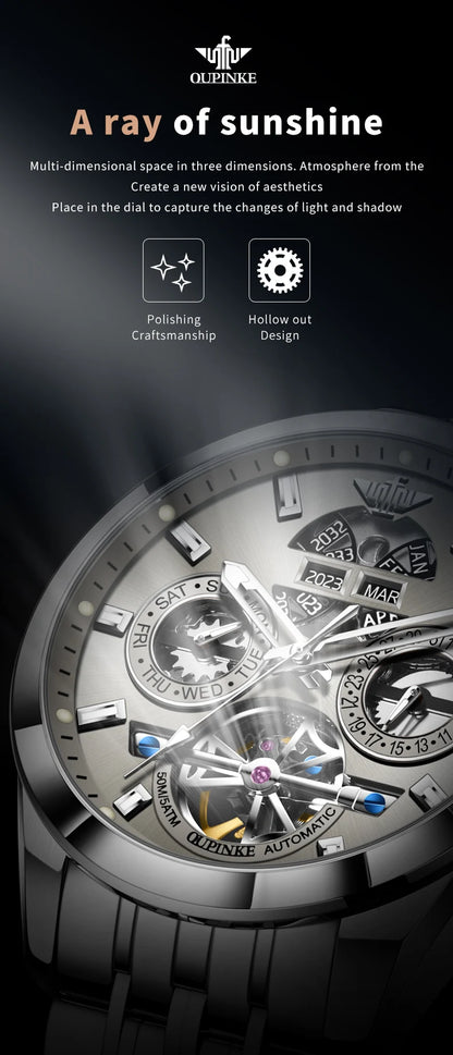 OUPINKE 3251 Men's Watches Flywheel Automatic Mechanical Original Wristwatch for Man Waterproof Luminous Perpetual Dual Calendar
