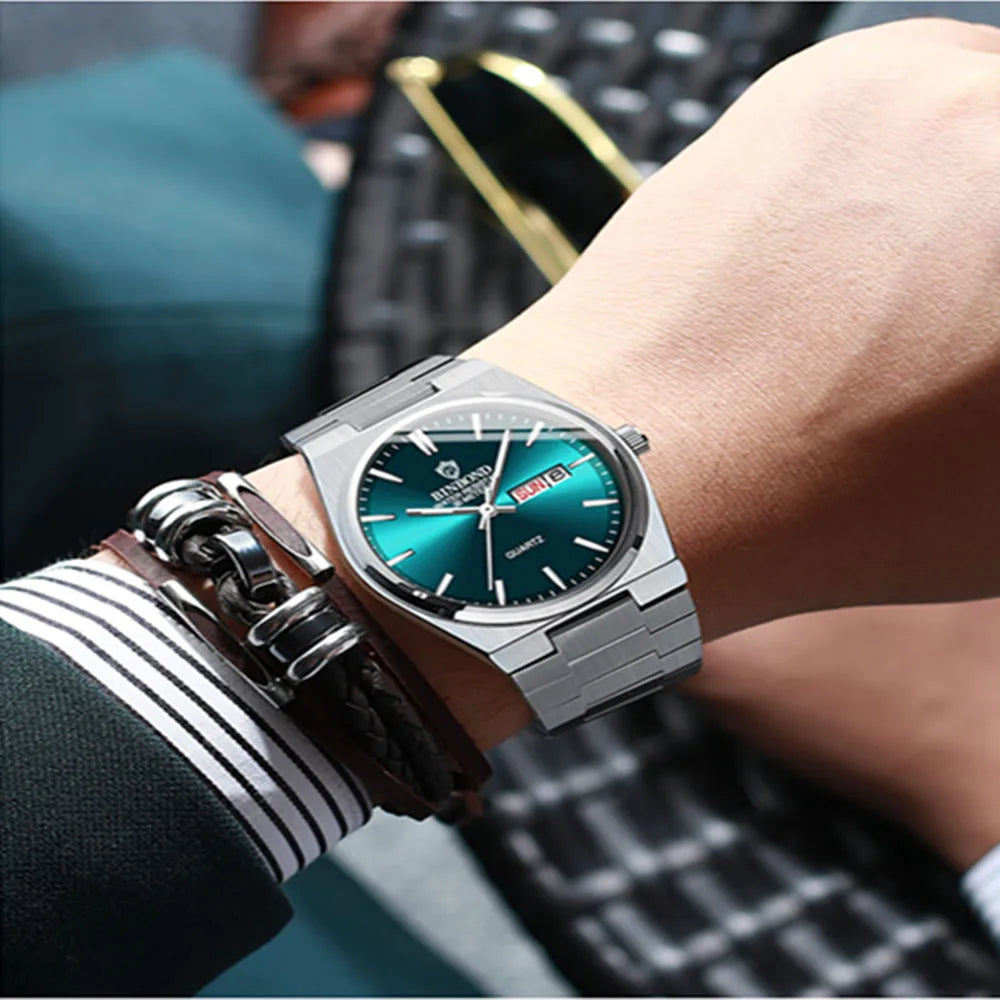 BINBOND Fashion B102 Men Business Watch Leisure Quartz Stainless Steel Buckle Watches Waterproof Luminous Calendar Men's Watches