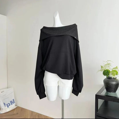 Knit Patchwork Sweatshirt Women Loose Casual Long Sleeve Sporty Top Spring Fall Chic Lazy Off Shoulder Harajuku Y2K Coat