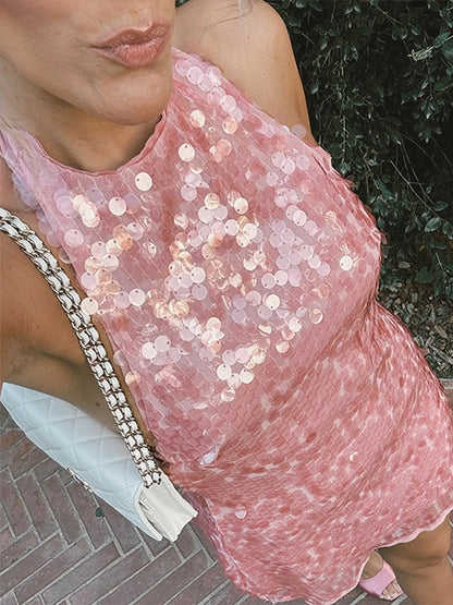 Halter Collar Bead Dress Sequin Glitter Lace Up Hanging Neck Fashion Sexy Backless Socialite Party Gown Pink Beach Short Dresses