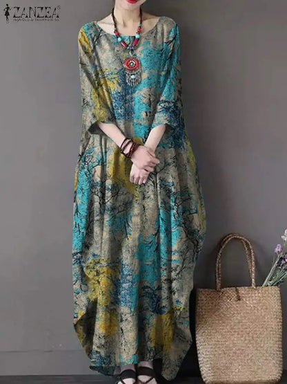 ZANZEA Bohemian Vintage Robe Women Maxi Long Dress Elegant Floral Printed Sundress Causal Loose Cotton Vestidos Autumn Dresses