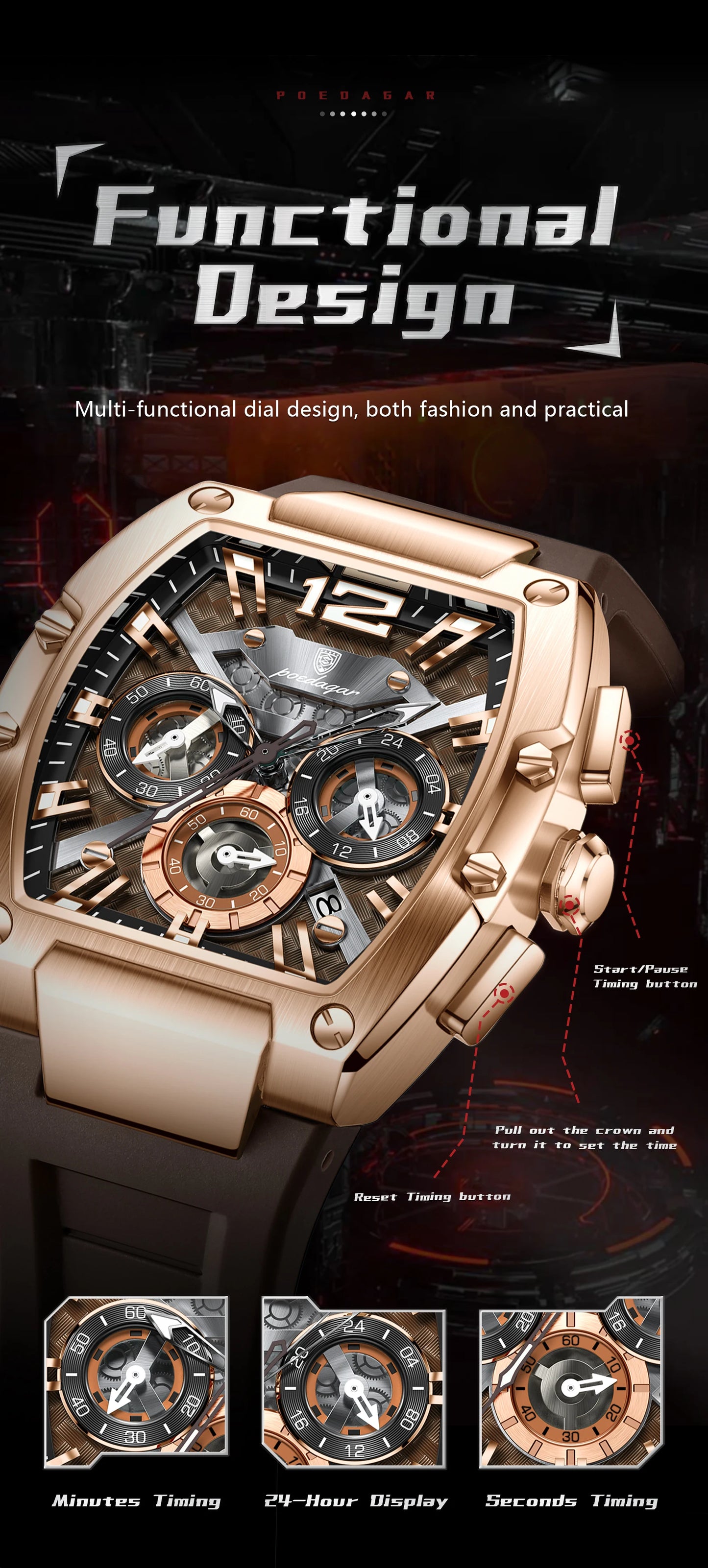 POEDAGAR Fashion Military Men's Watches Luminous Waterproof Date Sports Male Clock Chronograph Silicone Quartz Luxury Wristwatch