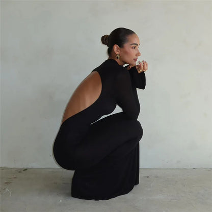 Autumn Winter Backless Sexy Party Club Black Bodycon Maxi Dresses Outfits for Women Long Sleeve Y2K Dress Vestido Streetwear New