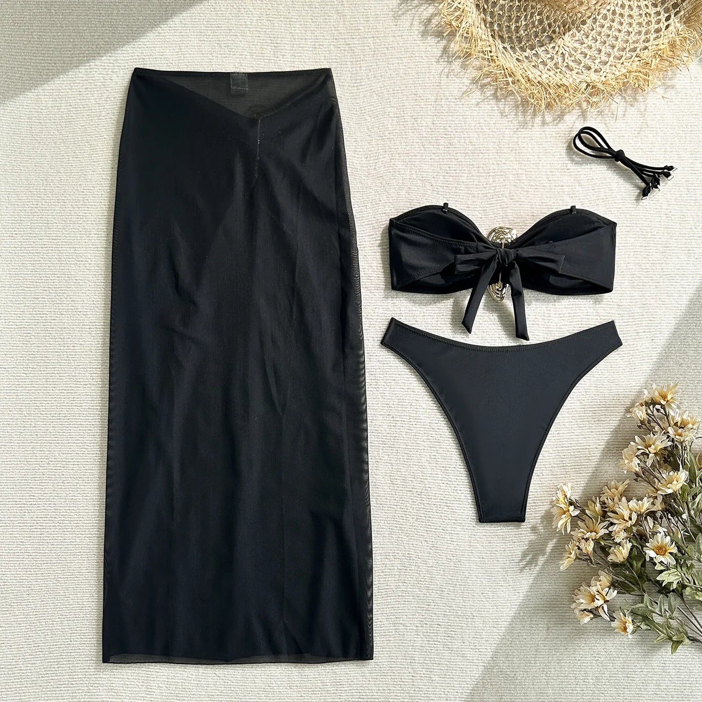Vintage White Swimsuit Women Metal Oyster Buckle Push Up Mesh Long Skirt 3 Piece Bikini Set 2025 Holiday Bathing Suit Swimwear