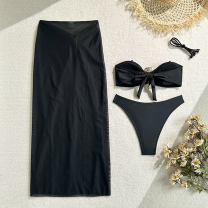 Vintage White Swimsuit Women Metal Oyster Buckle Push Up Mesh Long Skirt 3 Piece Bikini Set 2025 Holiday Bathing Suit Swimwear