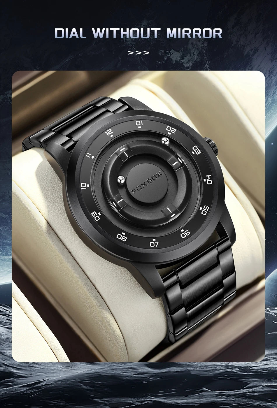 FOXBOX Personalized Mens Watches Creative Simple Floating Magnetic Pointer Quartz Wristwatch Steel Waterproof Watch for Man
