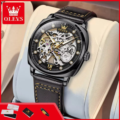 OLEVS 6651 Transparent Hollow Automatic Watches for Men Leather Strap Tonneau PUNK Style Mechanical Writwatch Luxury Man Watch