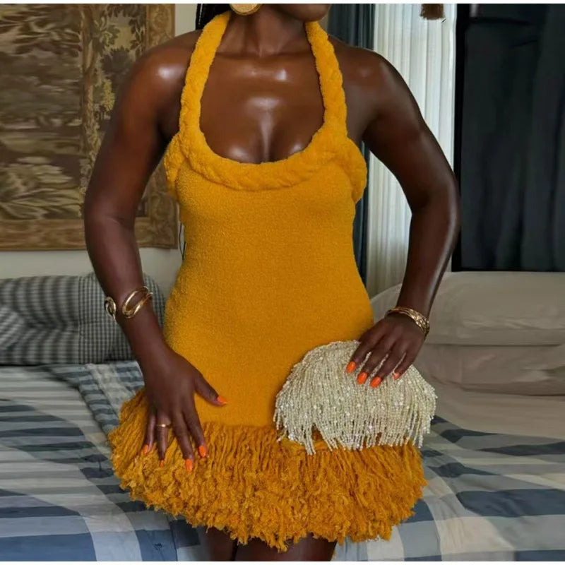 Tassels Hem Twist Strap Knitted Dress Women Sleeveless Backless Slim High Waist Dresses Female Holiday Evening Bodycon Robe