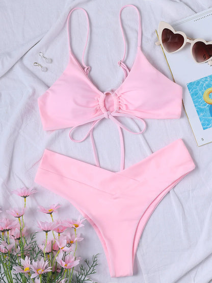 New High Elastic Bikini Set for 2025 Summer Two Pieces Solid Color Lace-up Sexy Women Swimsuit Beach Bathing Suit Swimwear