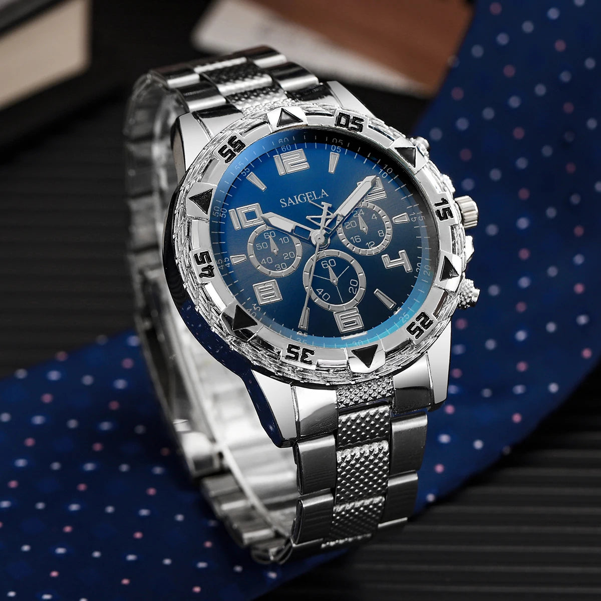 3PCS/Set Luxury Stainless Steel Band Men Business Watches Fashion Male's Quartz Watch Hip-hop Diamond Jewelry Set (Without Box）