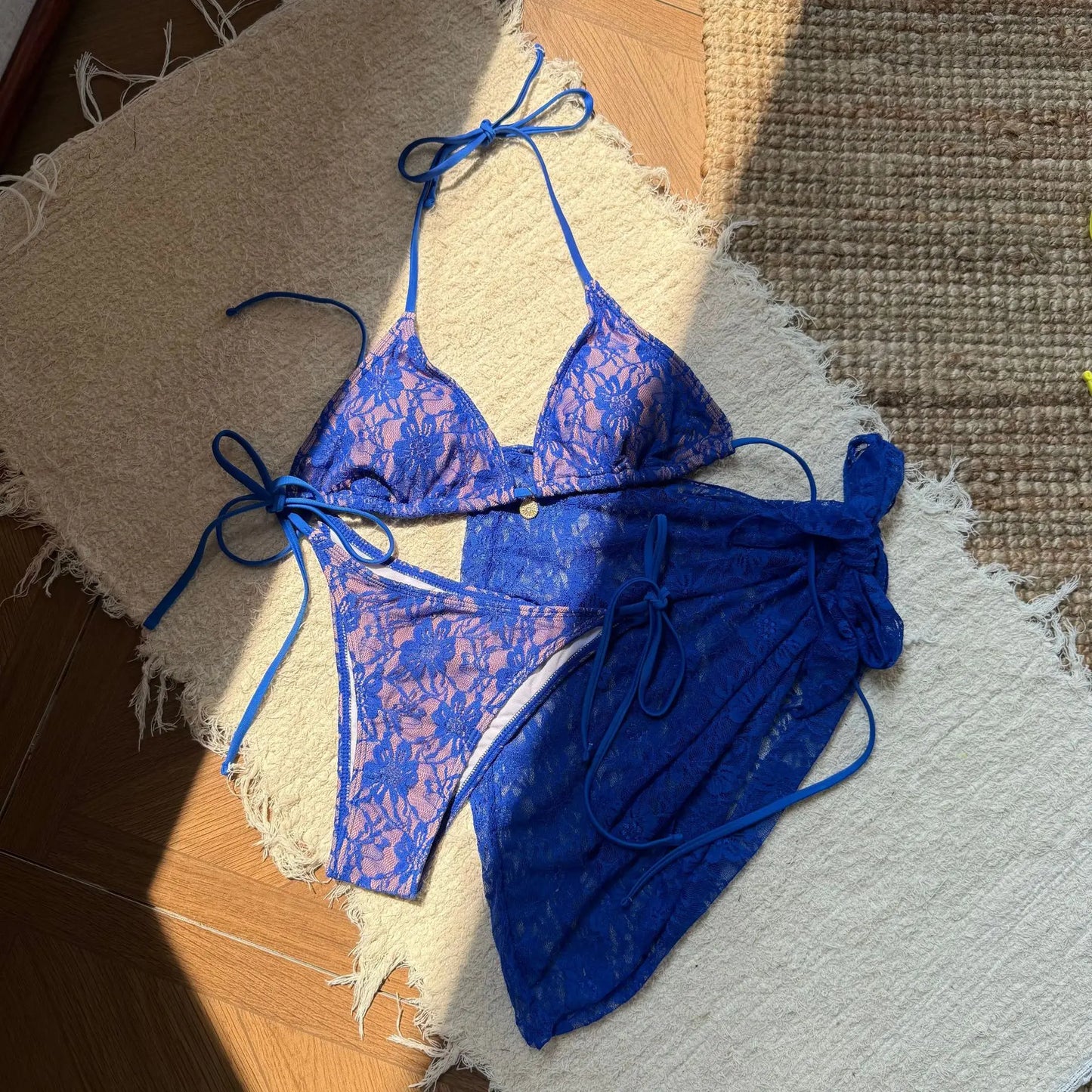 Lace Fabric Three-pieces Swimsuit Set With Sarong Bikini Inspired Women's Swimwear Beachwear Bathing Suit Vacay Outfit Biquini