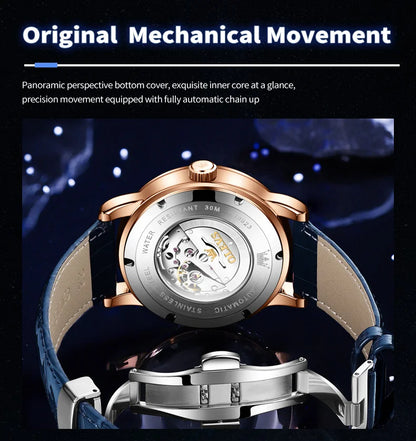 OLEVS 9923 Moon Phase Automatic Mechanical Watches for Man Fashion Leather Strap Waterproof Starry Sky Blue Luxury Men's Watches