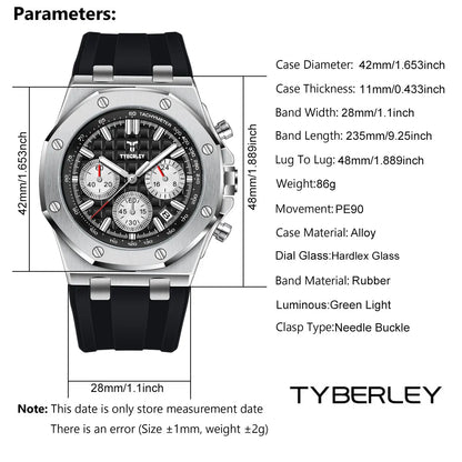 2025 New TYBERLEY Men's Watches Top Brand Luxury Quartz Watch Men Chronograph Wristwatches Sports Waterproof Luminous Grid Clock