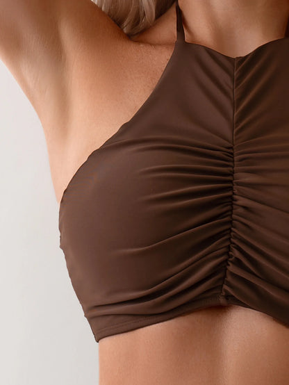 Sexy Halter Pleate Bikini Set 2026 Women Coffee Push Up Crop Top with High Waist Swimsuit Summer Holiday Bathing Suit Swimwear