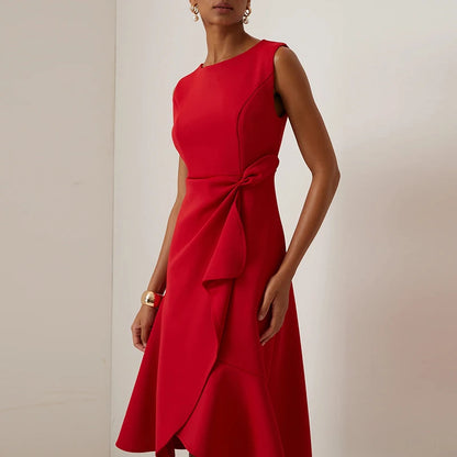 Women Crew Neck Ruffle Banquet Dress Elegant Spring Solid High Waist Slim Long Dress 2025 Summer Sleeveless A-Line Party Dresses