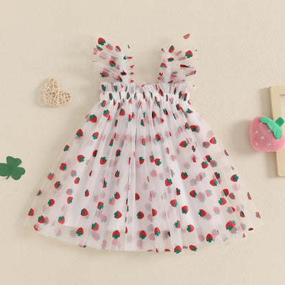 MISOWMNJOY Summer Baby Girls Chiffon Dresses Princess Sleeveless Clover Strawberry Print A-line Dress Mesh Tulle Kids Sundress