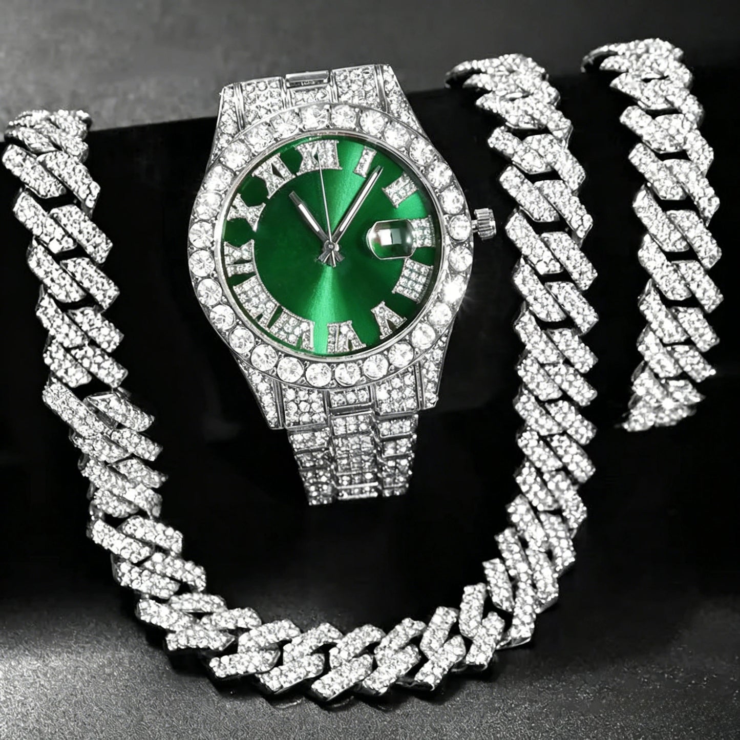 3/4PCS Hip Hop Iced Out Men's Watch Jewelry Set Luxury Rhinestone Quartz Wristwatch Cuban Link Chain Accessories（Without Box）