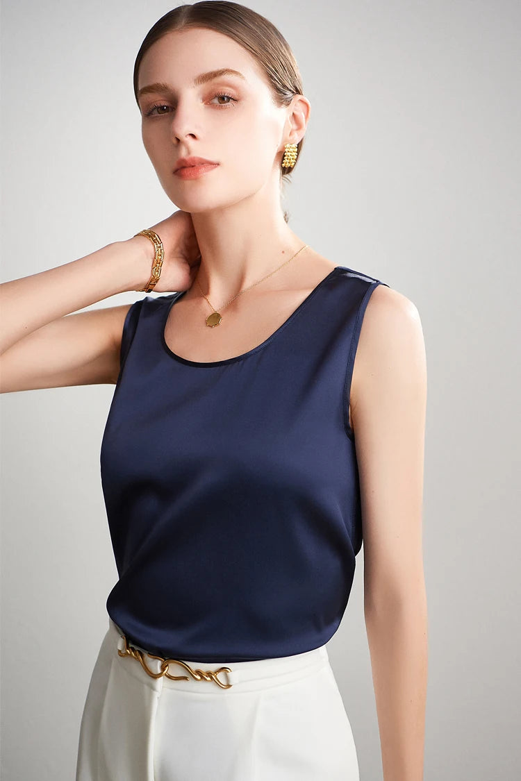 SuyaDream. Women Basic Cozy Tanks, 100%Real Silk, O neck Sleeveless Chic T Shirt, 2025 Solid Summer Vests, White, Pink, Beige