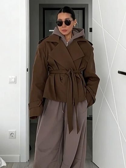 Solid Lapel Lace Up Jacket Elegant Chic Full Sleeve Button Loose Long Coat For Women Office Lady Daily Commute Overcoat 2026 New