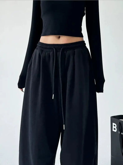 2025 New Harajuku Wide Leg Sweatpants Women Streetwear Baggy Oversize Gray Sports Pants Woman Drawstring Casual Joggers Trousers